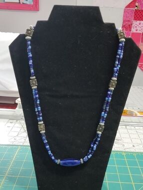 Handcrafted Blue Beaded Women's Necklace with Silver Accents